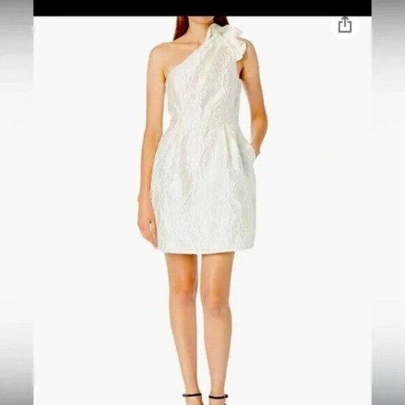 Halston Heritage One-Shoulder Floral Jacquard Textured Dress Chalk NWT 4 - Picture 1 of 7